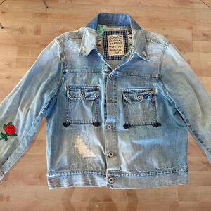 Replay Distressed Denim Jacket Large Buddha Back Patch Rose Embroidery